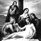 The body of Jesus is takendown from the cross.