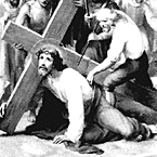 Jesus falls under the cross.