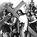 Simon of Cyrene helps Jesus carry the cross.