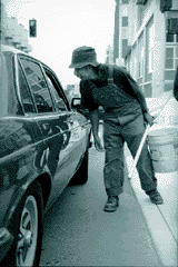 With mop and bucket